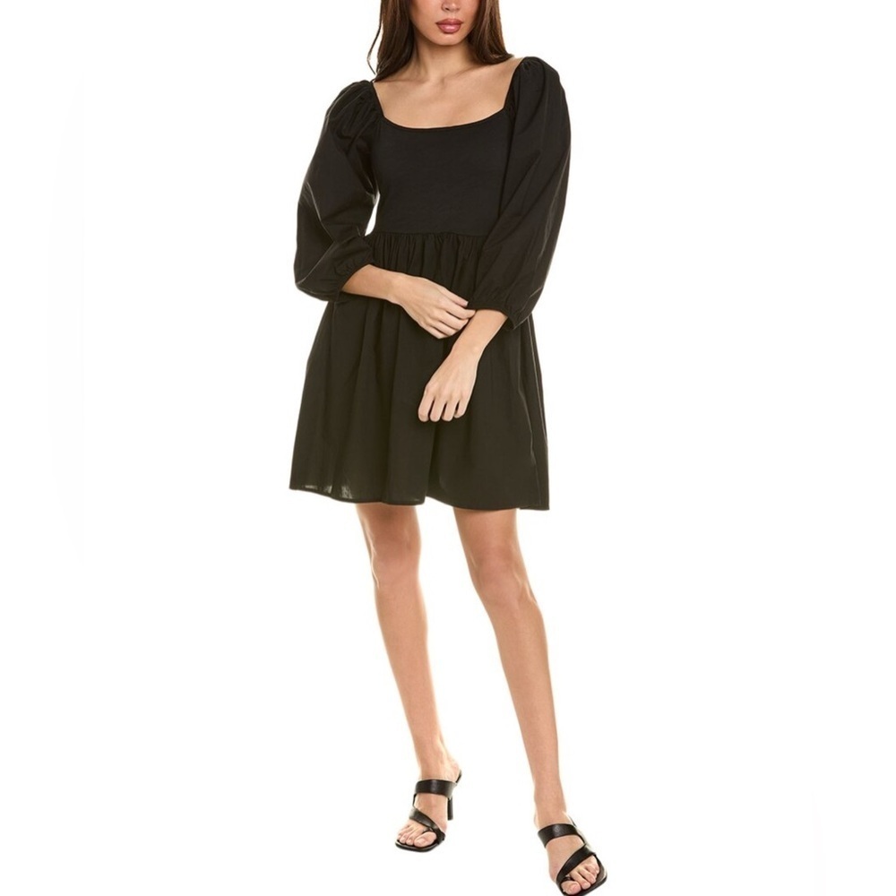 Nation LTD Heddie Combo Babydoll puff 3/4 sleeves Dress Size M In Jet Black - Picture 2 of 14